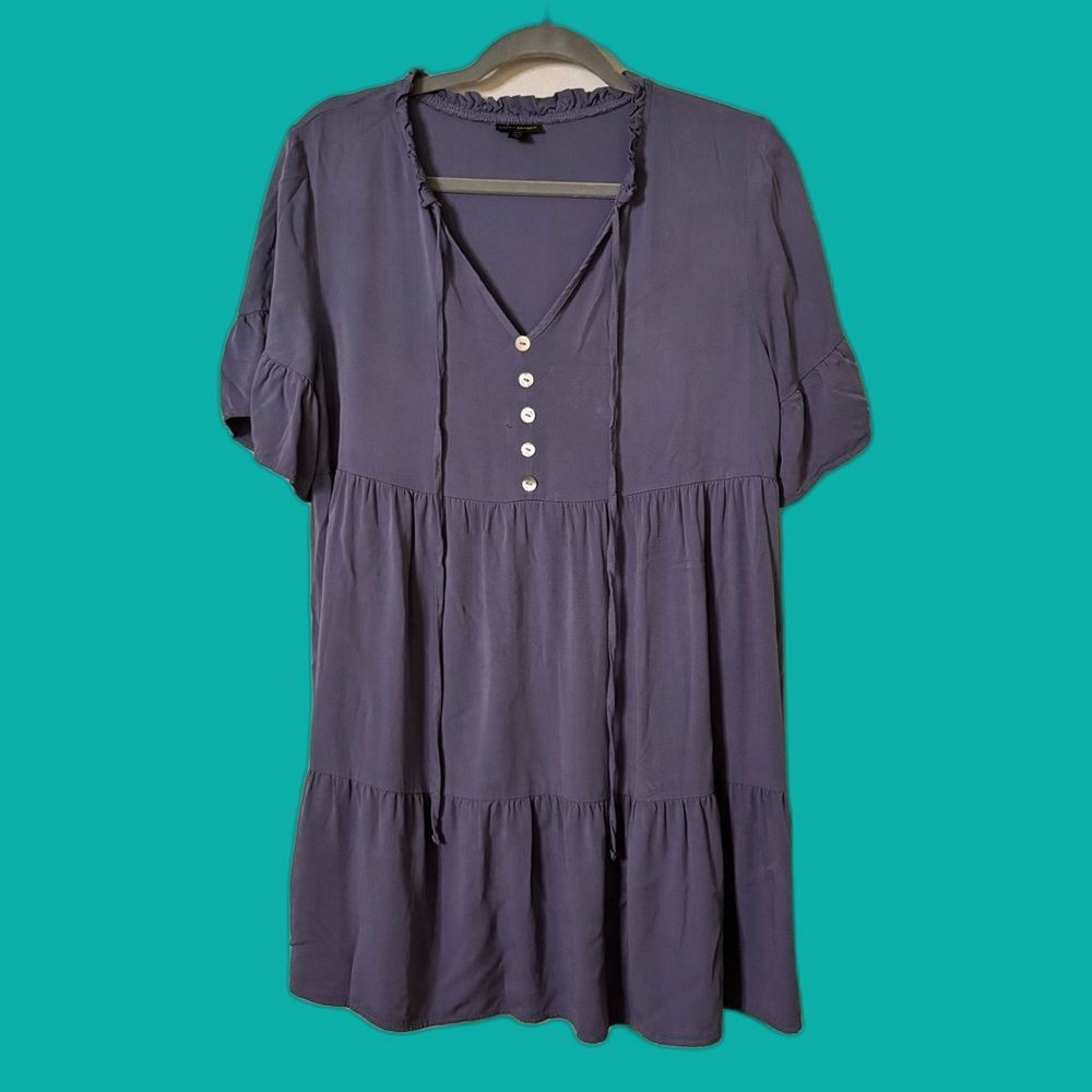 Rustic Western Blue Button-Down Dress with Ruffles | Small/Medium
